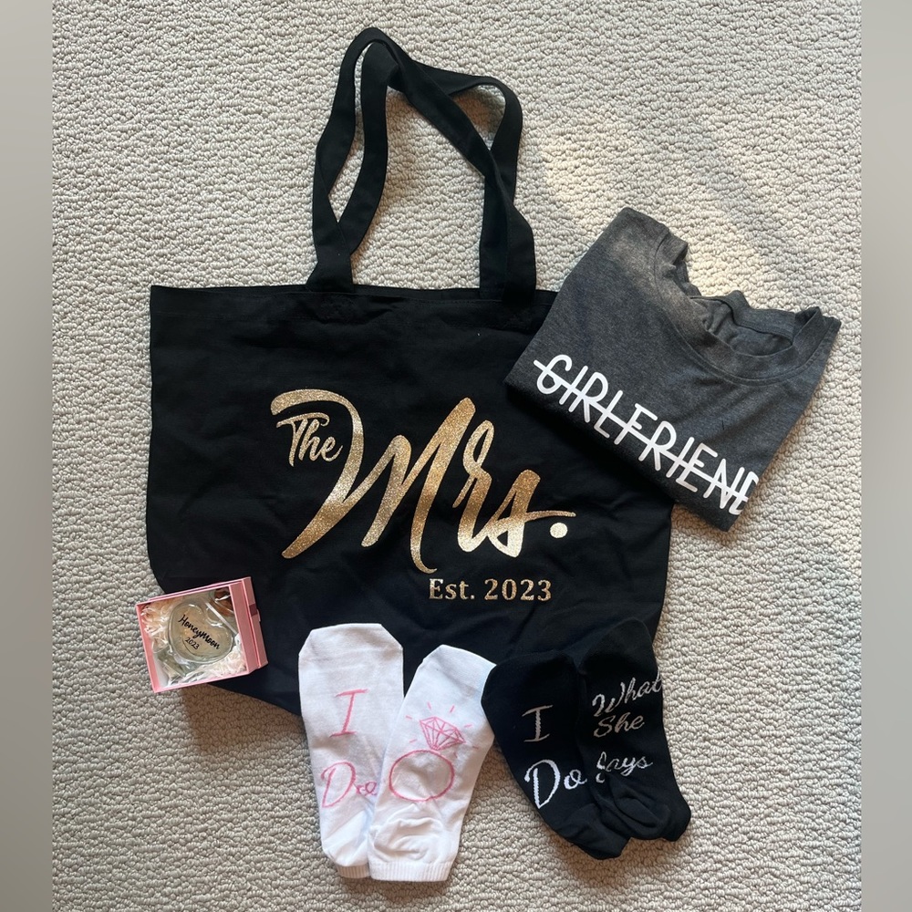 2023 Novelty Bride Wedding engagement bundle. T-shirt, wife tote bag etc